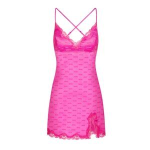 Skims Hot Pink Logo Jacquard Lace Slip Dress NWT XS